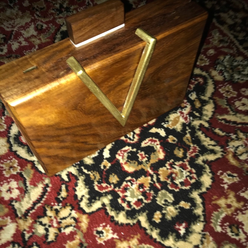 Wooden clutch - handbag w/ Gold V